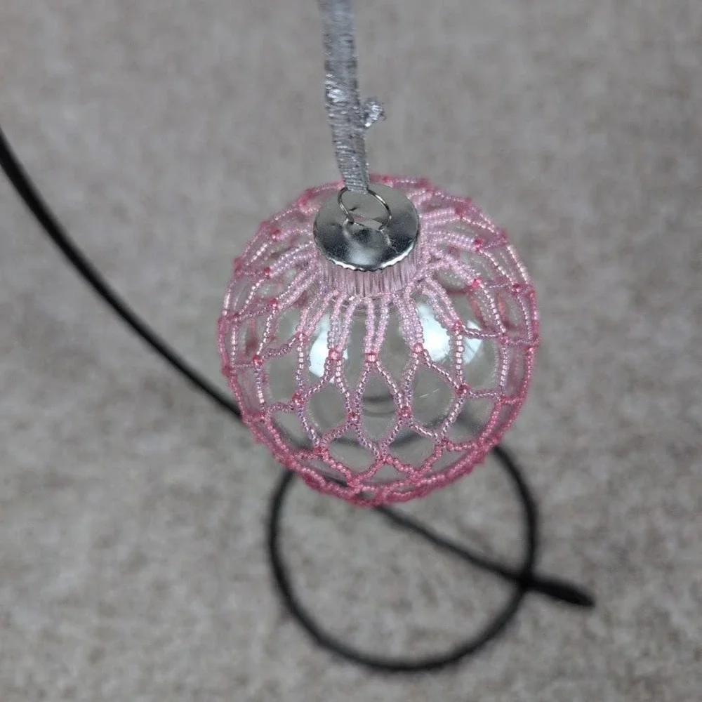 Hand Beaded Clear Plastic Christmas Ornament Pink Beaded Cover‎ Silver Cap